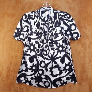 SEARLE Womens Top Size 12 White Black Pullover Pleated Silk Abstract Blouse